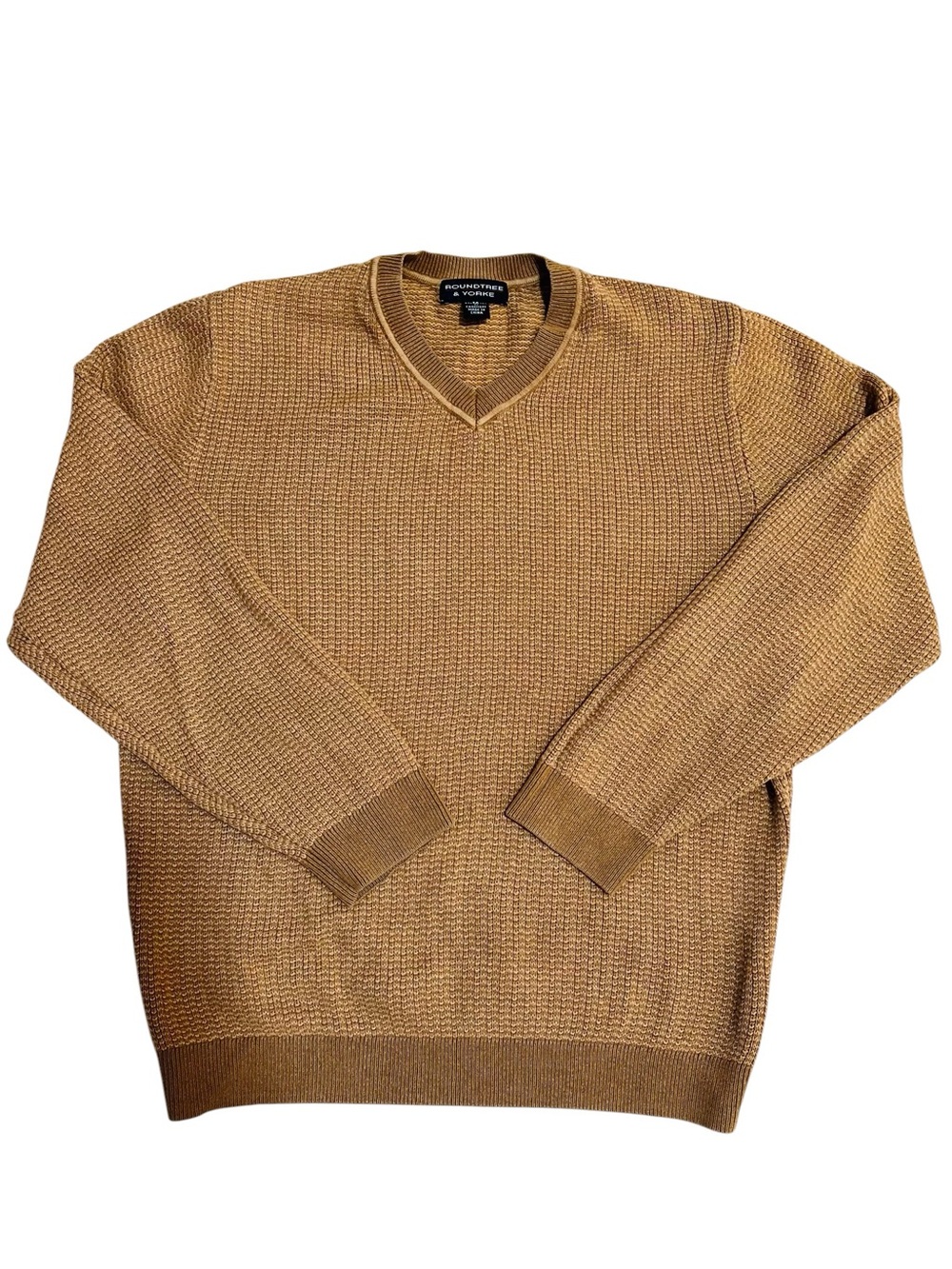 Roundtree & Yorke Men’s Camel Brown V-Neck Knit Sweater Cotton Medium